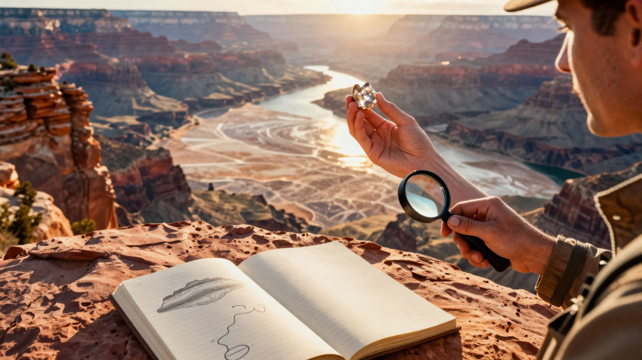Un chercheur observe un fossile avec une loupe au bord du Grand Canyon au coucher du soleil.