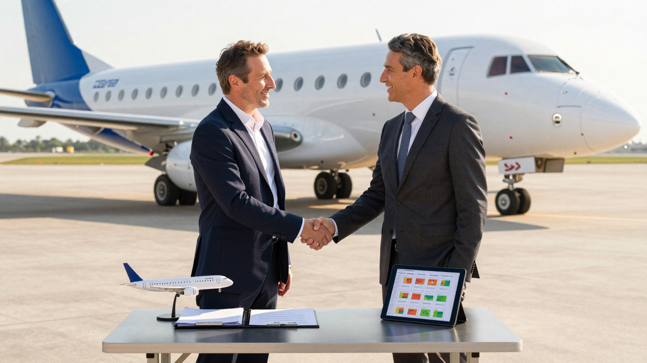 Deux hommes en costume se serrent la main devant un avion privé avec une maquette d'avion sur une table.