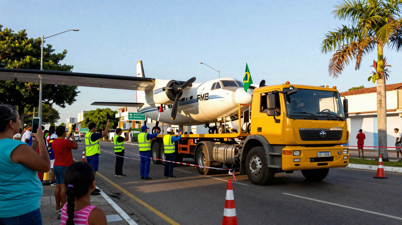 Un avion transporté sur un camion jaune, entouré de personnes en gilet jaune et des spectateurs au bord de la route.