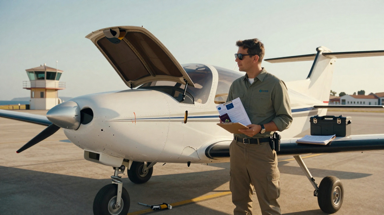 Homme en tenue d’avionique inspectant un petit avion blanc sur un tarmac ensoleillé.