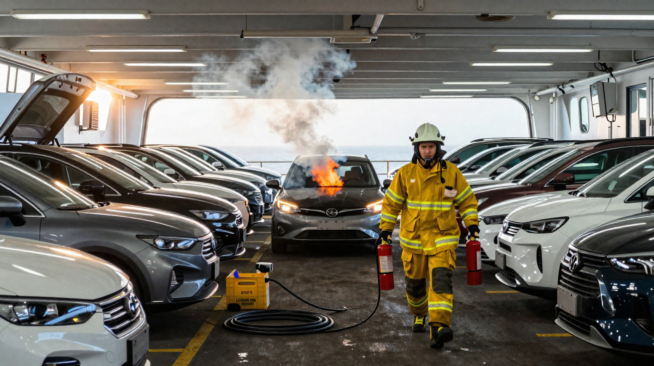 Pompiers interviennent pour éteindre un feu sur une voiture électrique garée dans un parking couvert.