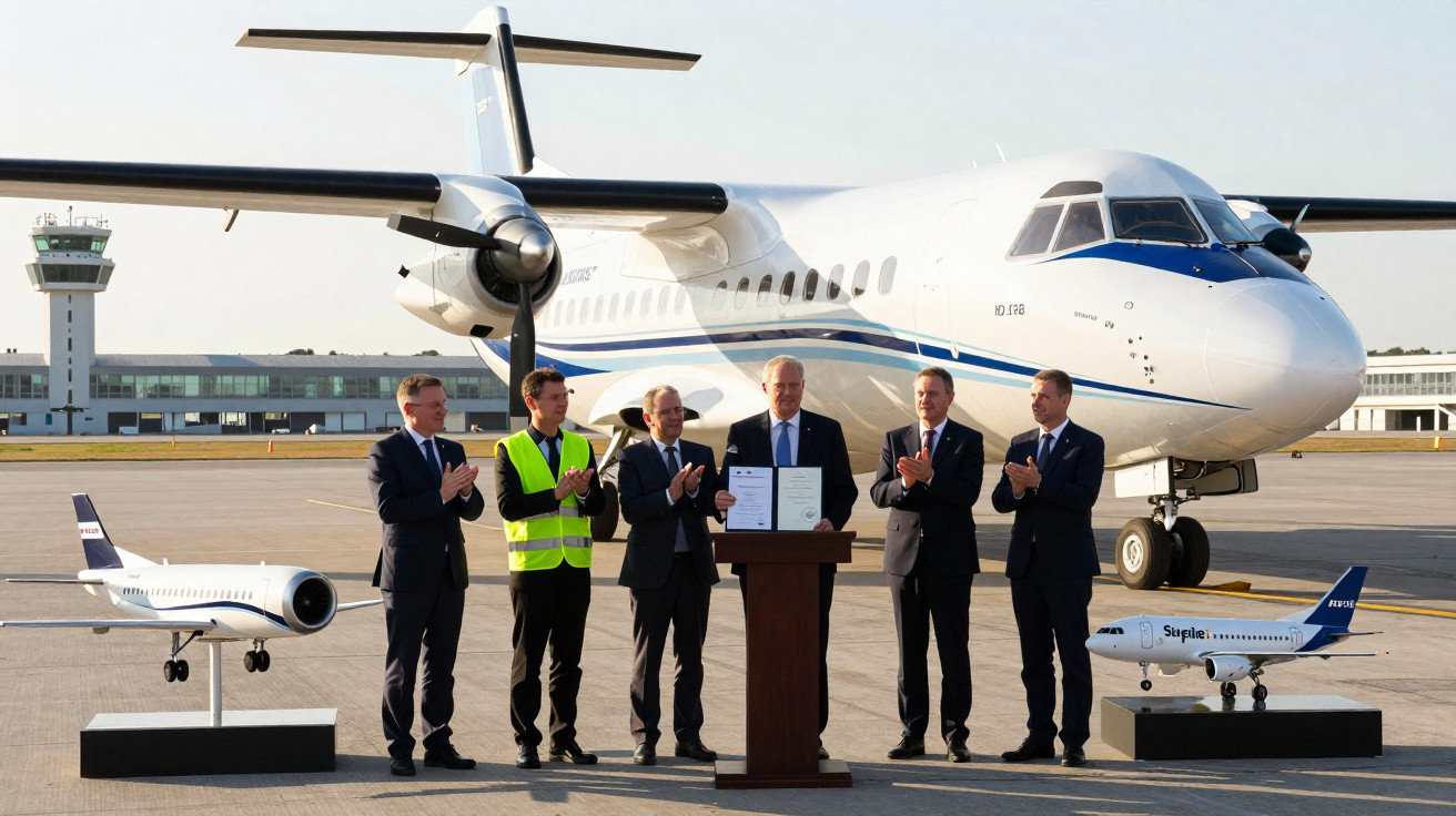 Six hommes en costume et gilet, devant un avion blanc, montrent un document lors d'une cérémonie sur un tarmac.