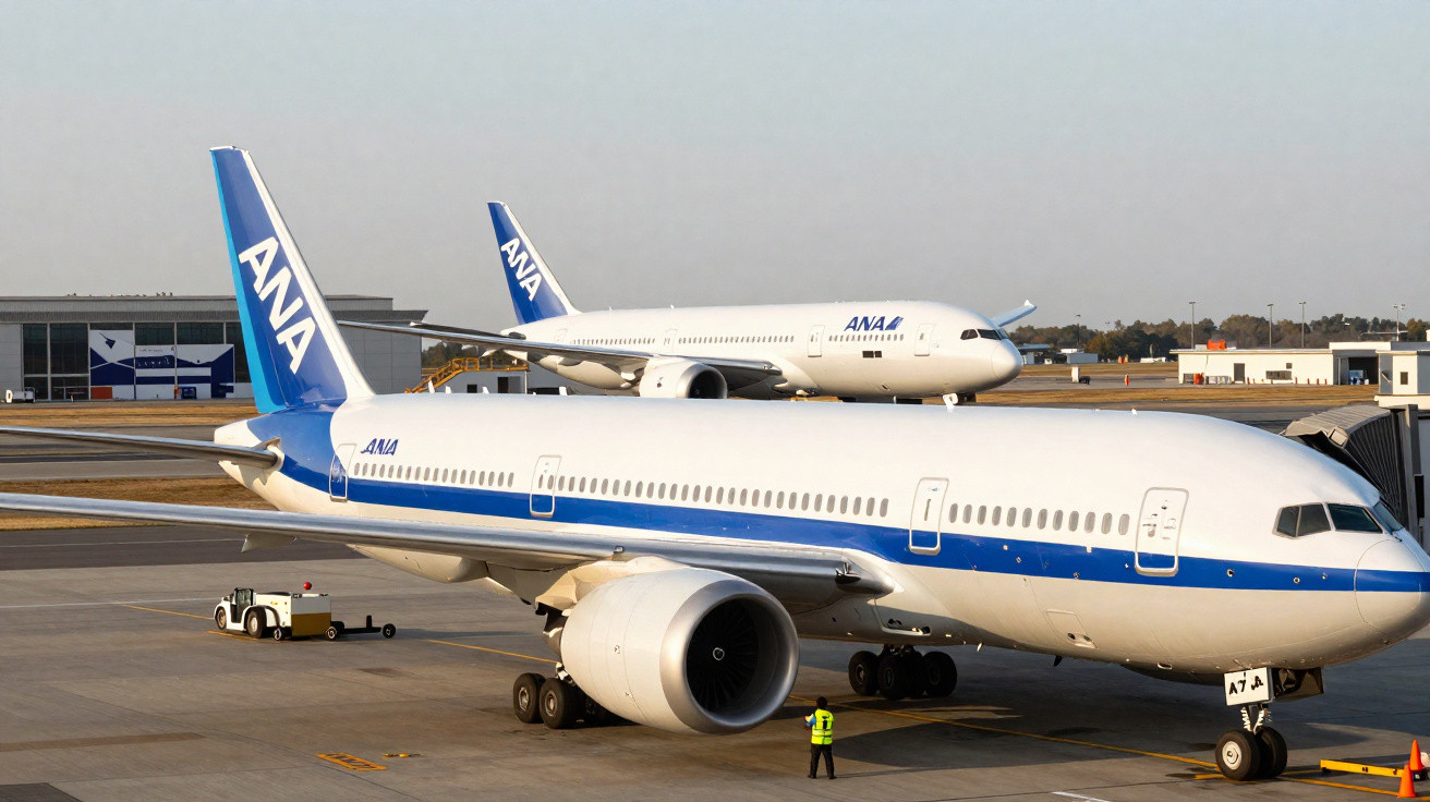 Deux avions de la compagnie ANA stationnés sur le tarmac d'un aéroport par temps clair.