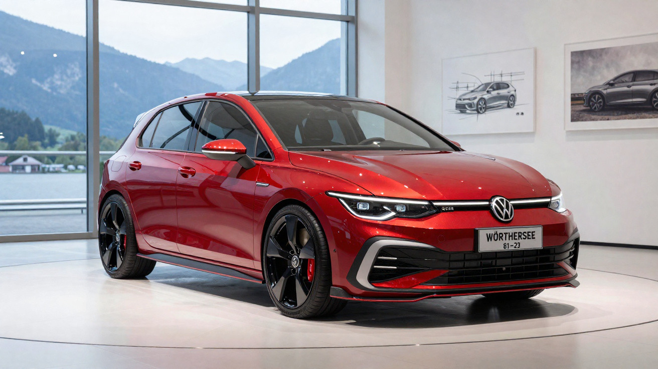 Voiture compacte Volkswagen rouge exposée dans un showroom avec vue sur montagnes et lac en arrière-plan.