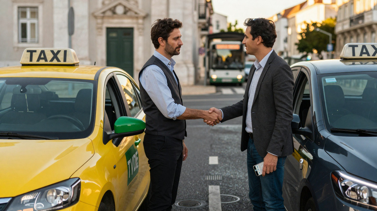 Deux hommes se serrant la main entre deux taxis garés dans une rue urbaine.