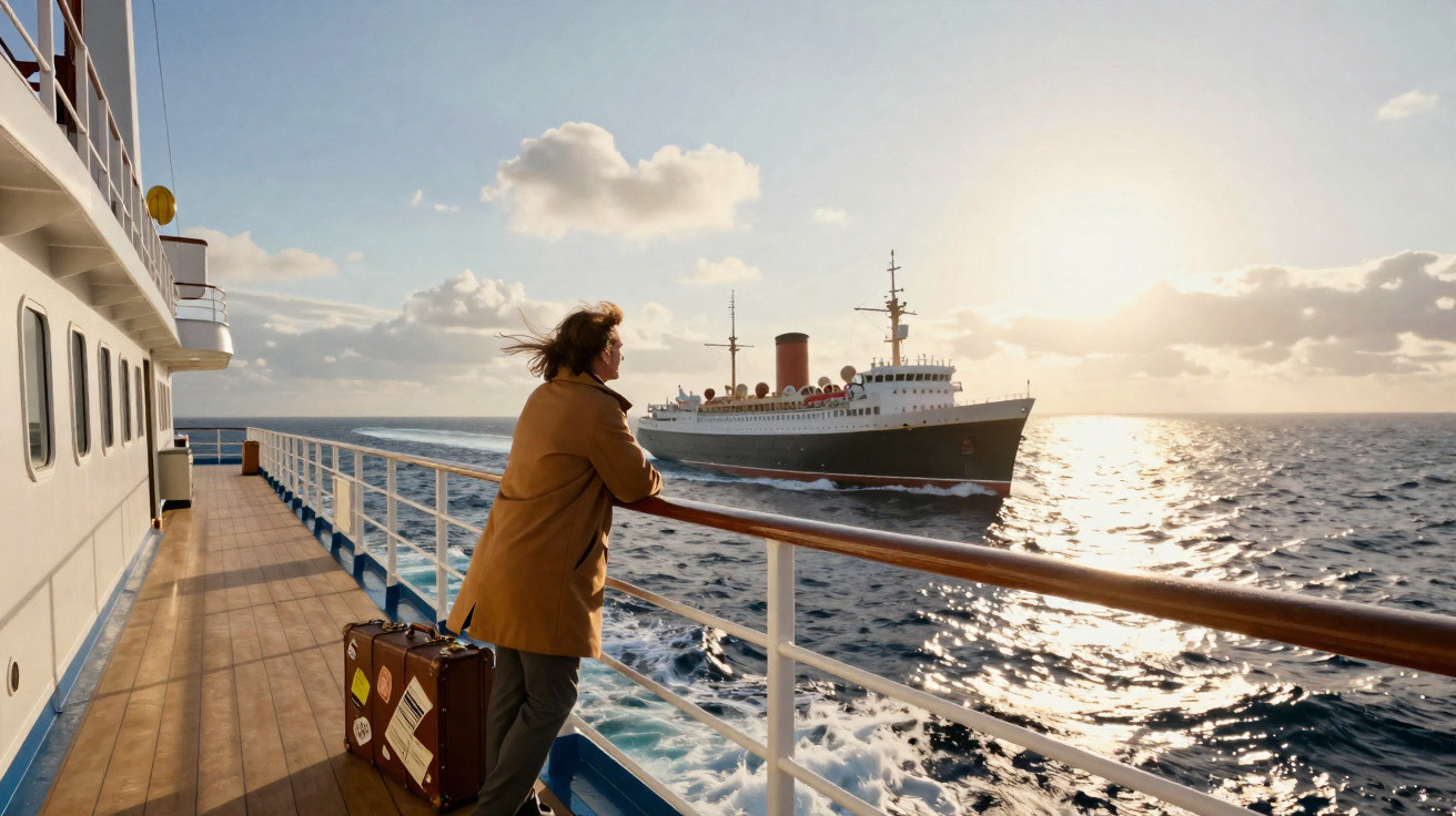 Personne en manteau beige regardant un grand paquebot depuis le pont d'un bateau au coucher du soleil.