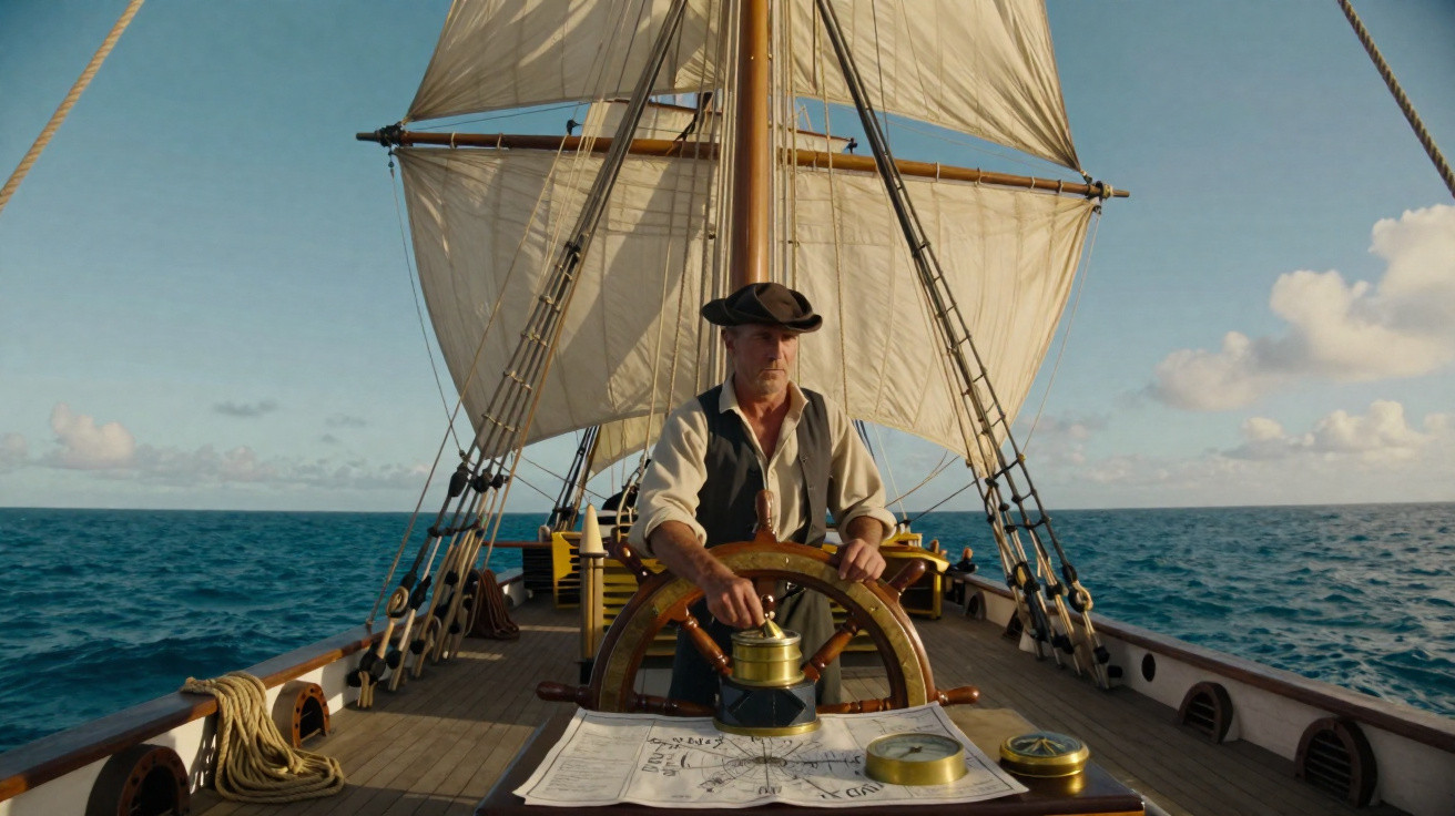 Homme en costume d'époque à la barre d'un voilier avec carte marine et instruments de navigation sous un ciel clair.