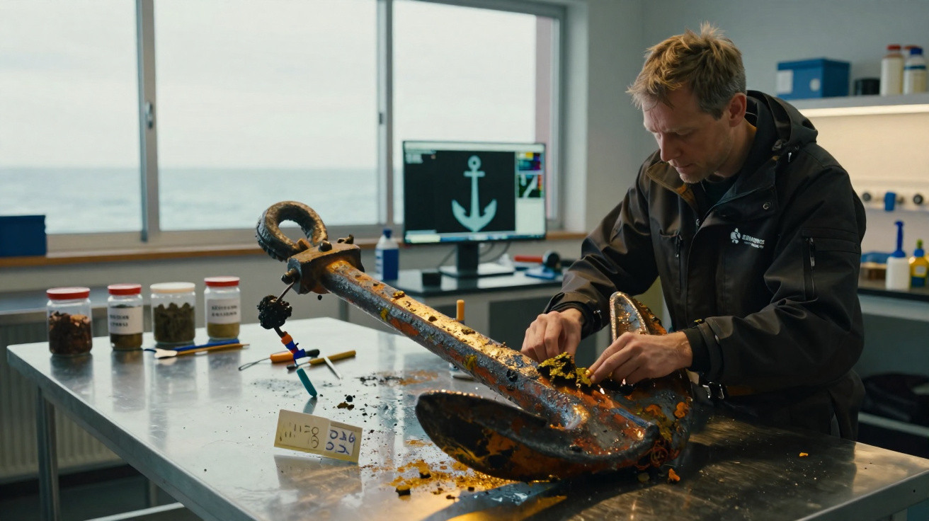 Chercheur nettoyant une grande ancre rouillée dans un laboratoire avec vue sur la mer.