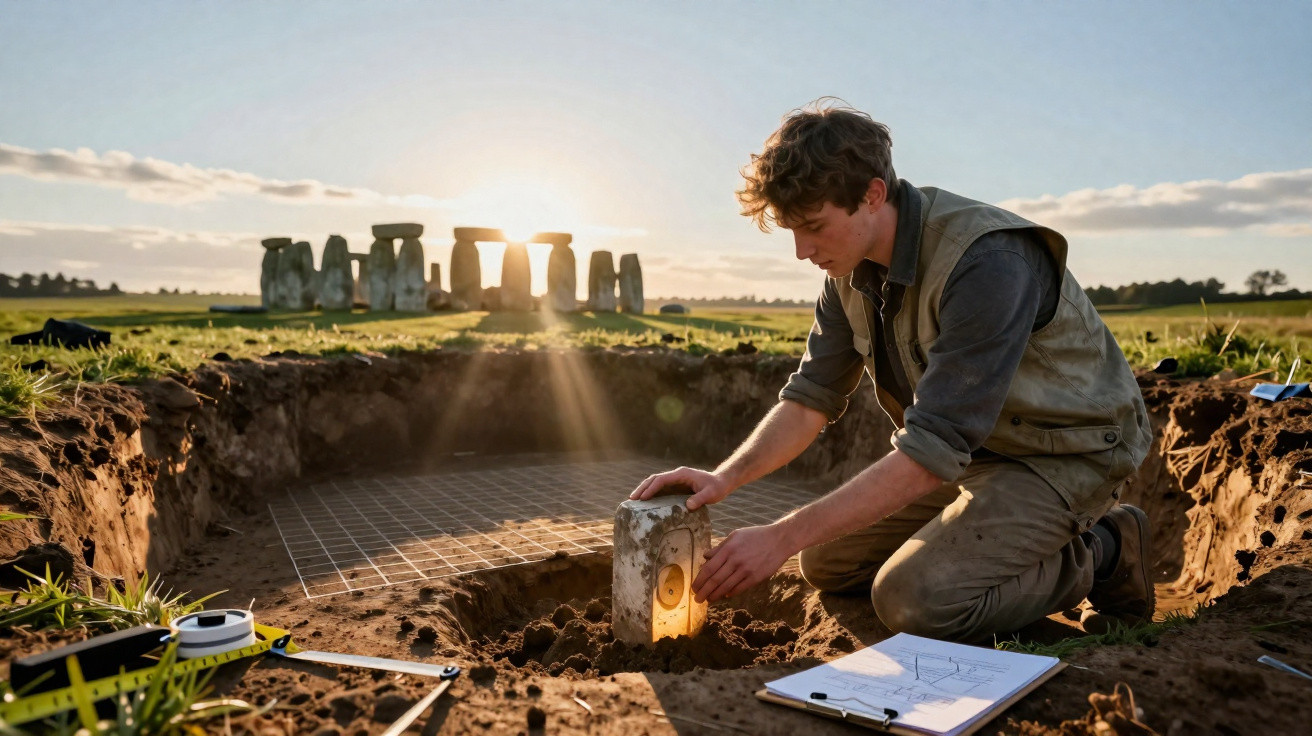 Jeune homme fouillant un site archéologique près de Stonehenge au coucher du soleil.