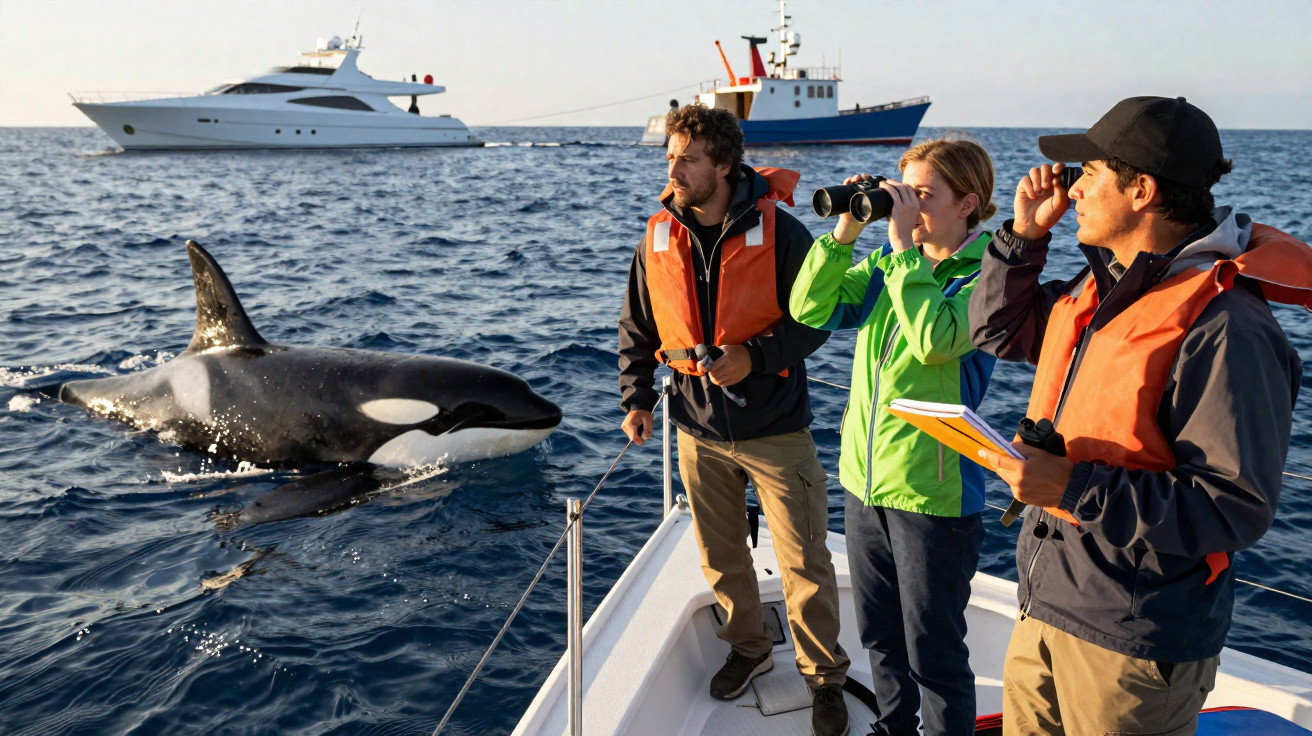 Trois scientifiques sur un bateau observent une orque près de l'embarcation en mer.