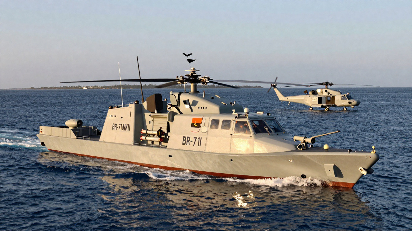 Patrouilleur militaire BR-711 en mer avec un hélicoptère Sikorsky en vol stationnaire à l'arrière.