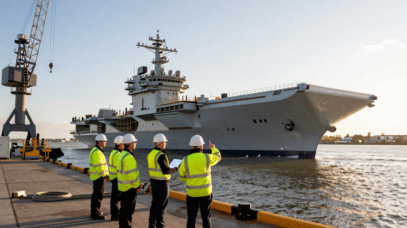 Cinq ouvriers en gilets jaunes et casques blancs regardant un porte-avions amarré au quai au coucher du soleil.