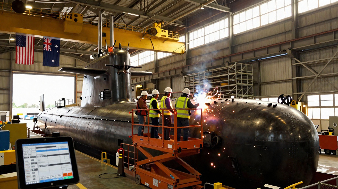 Quatre ouvriers en gilets et casques travaillent sur la soudure d’un sous-marin dans un hangar industriel.