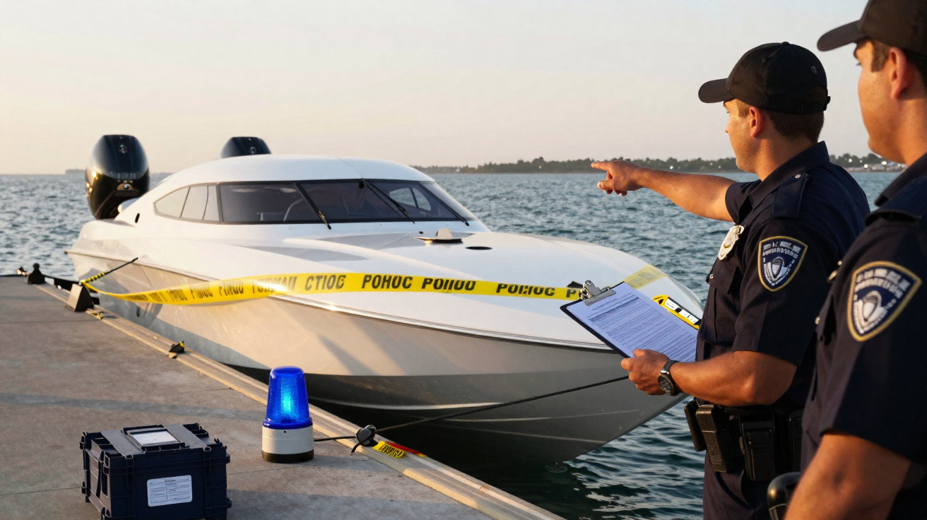 Deux policiers inspectent un bateau rapide amarré, entouré de ruban de sécurité jaune sur un quai au bord de l'eau.