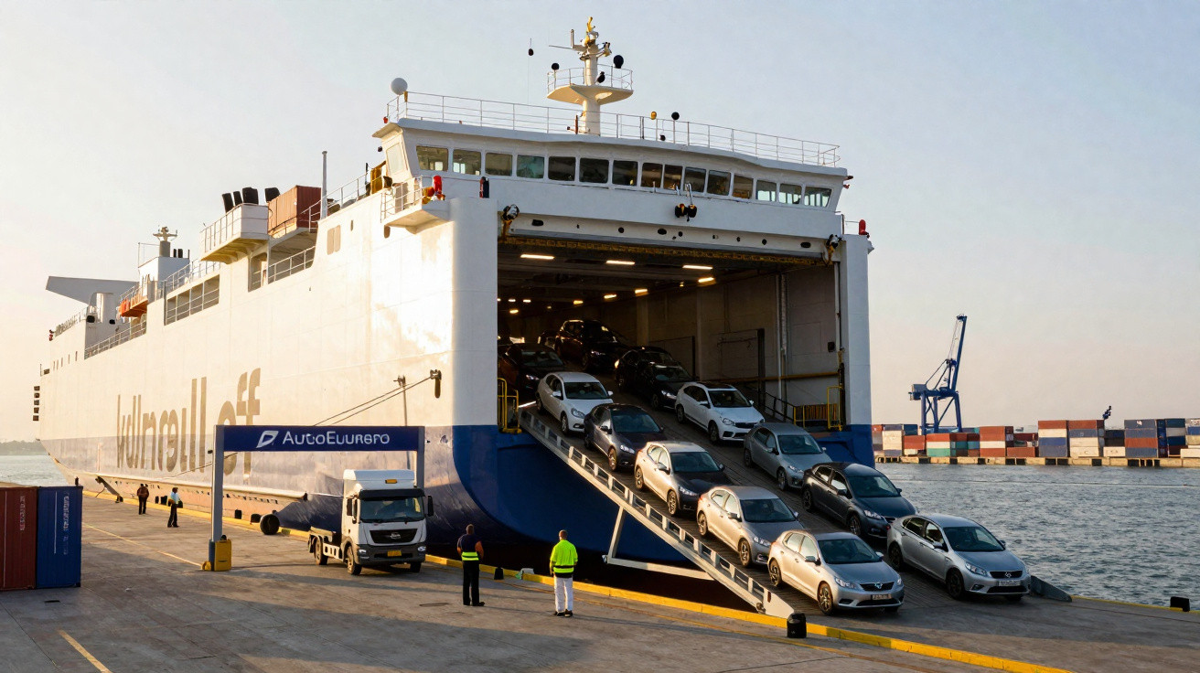 Ferry blanc déchargeant plusieurs voitures argentées sur une rampe au port avec conteneurs et mer en arrière-plan.
