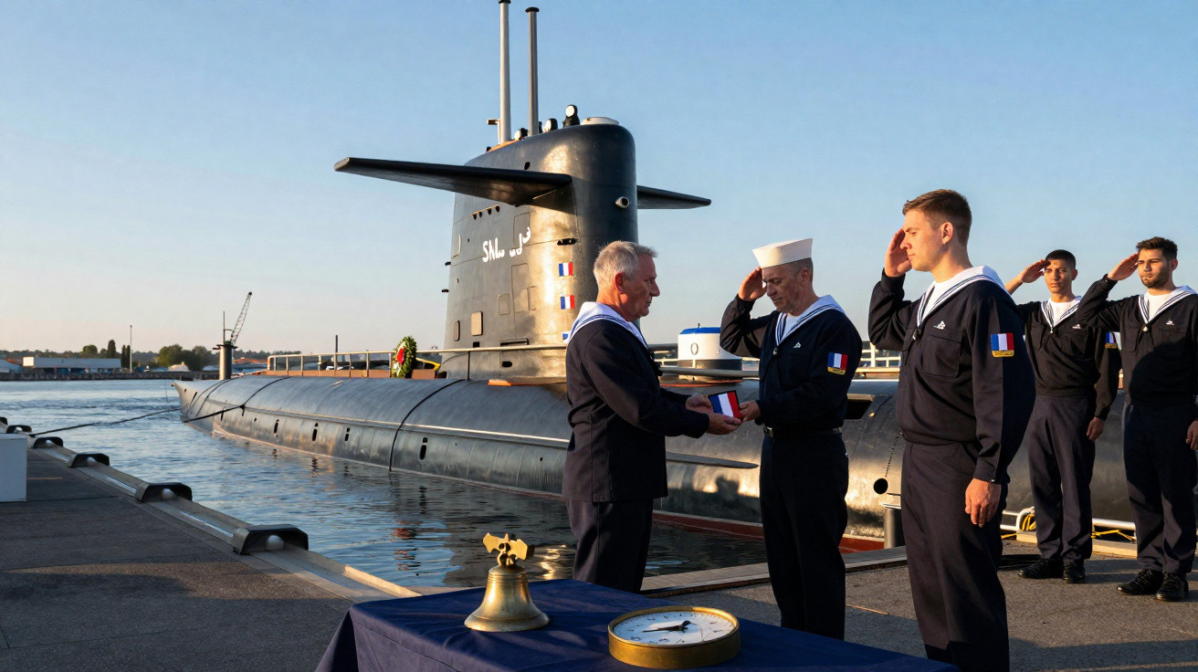 Cérémonie militaire avec marins en uniforme devant un sous-marin amarré au quai au coucher du soleil.