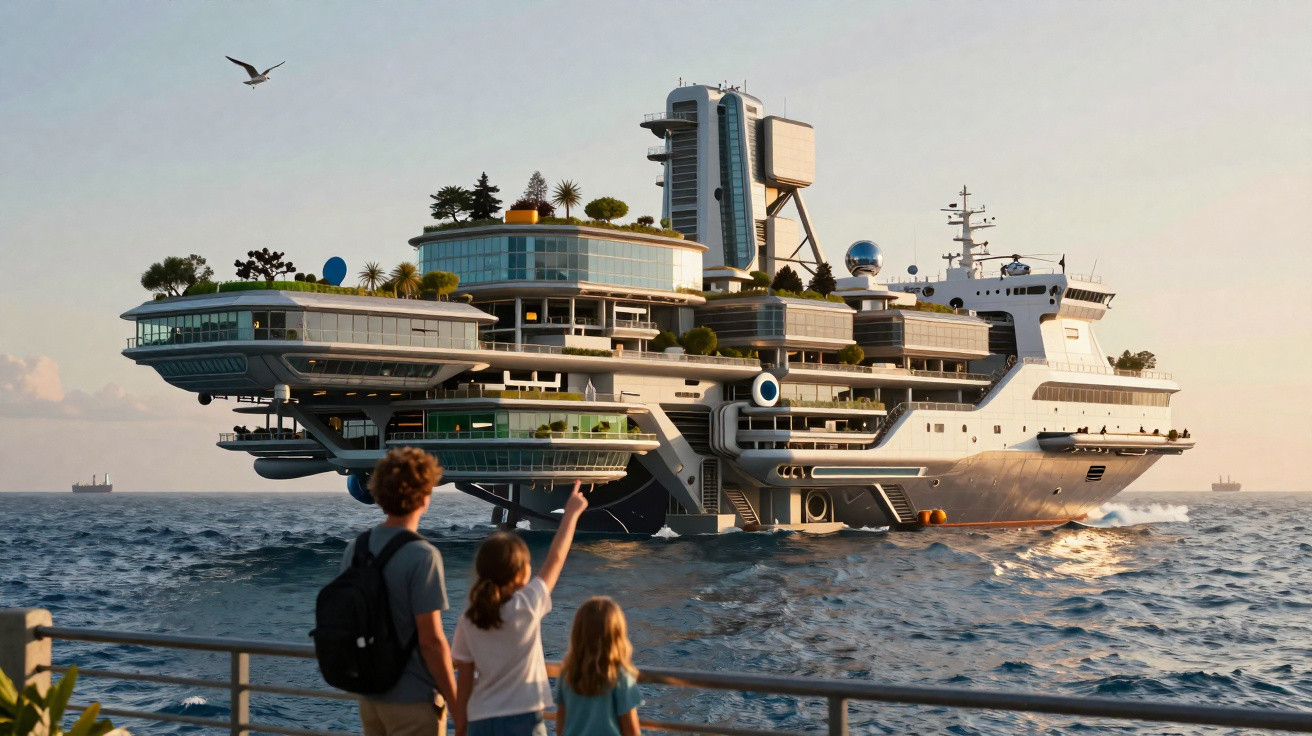 Trois enfants regardent un yacht futuriste avec des espaces verts et des structures modernes en pleine mer au coucher du sole