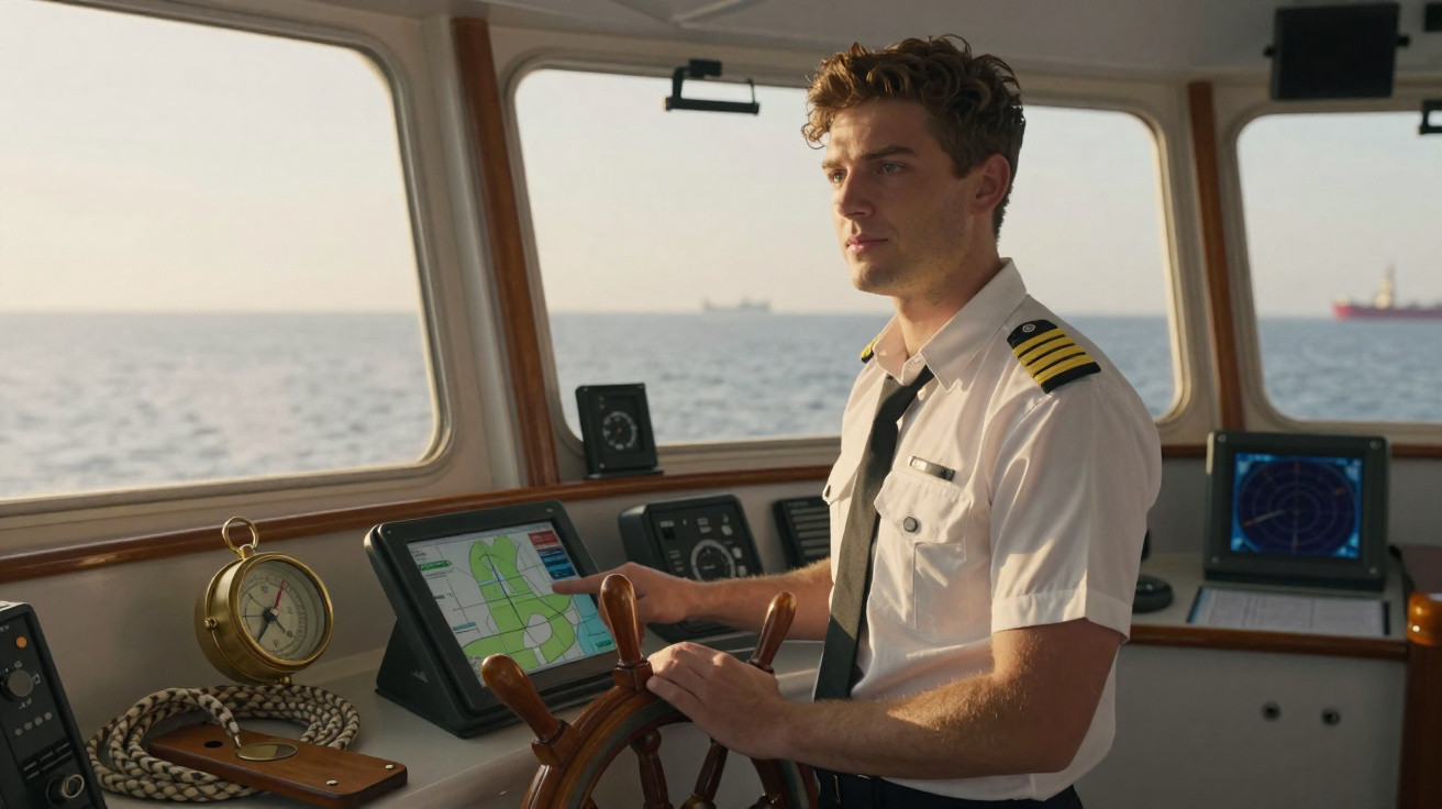 Jeune officier de marine tenant la barre à l'intérieur du poste de pilotage d'un navire en mer.