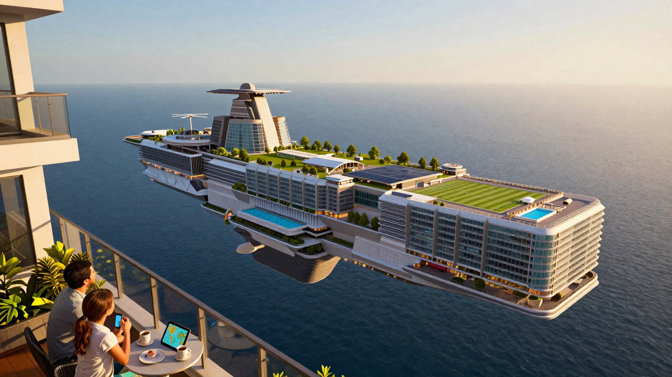 Un grand yacht luxueux avec piscine, courts de sport et espaces verts vu depuis un balcon en mer.