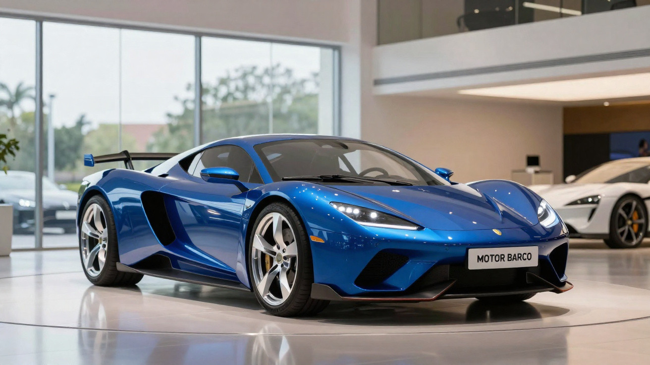 Voiture de sport bleue brillante exposée dans un showroom moderne avec grandes fenêtres.