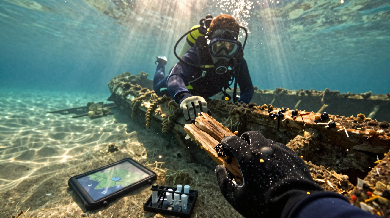 Plongeur explorant une épave sous-marine avec équipement de plongée et tablette étanche posée sur le sable.