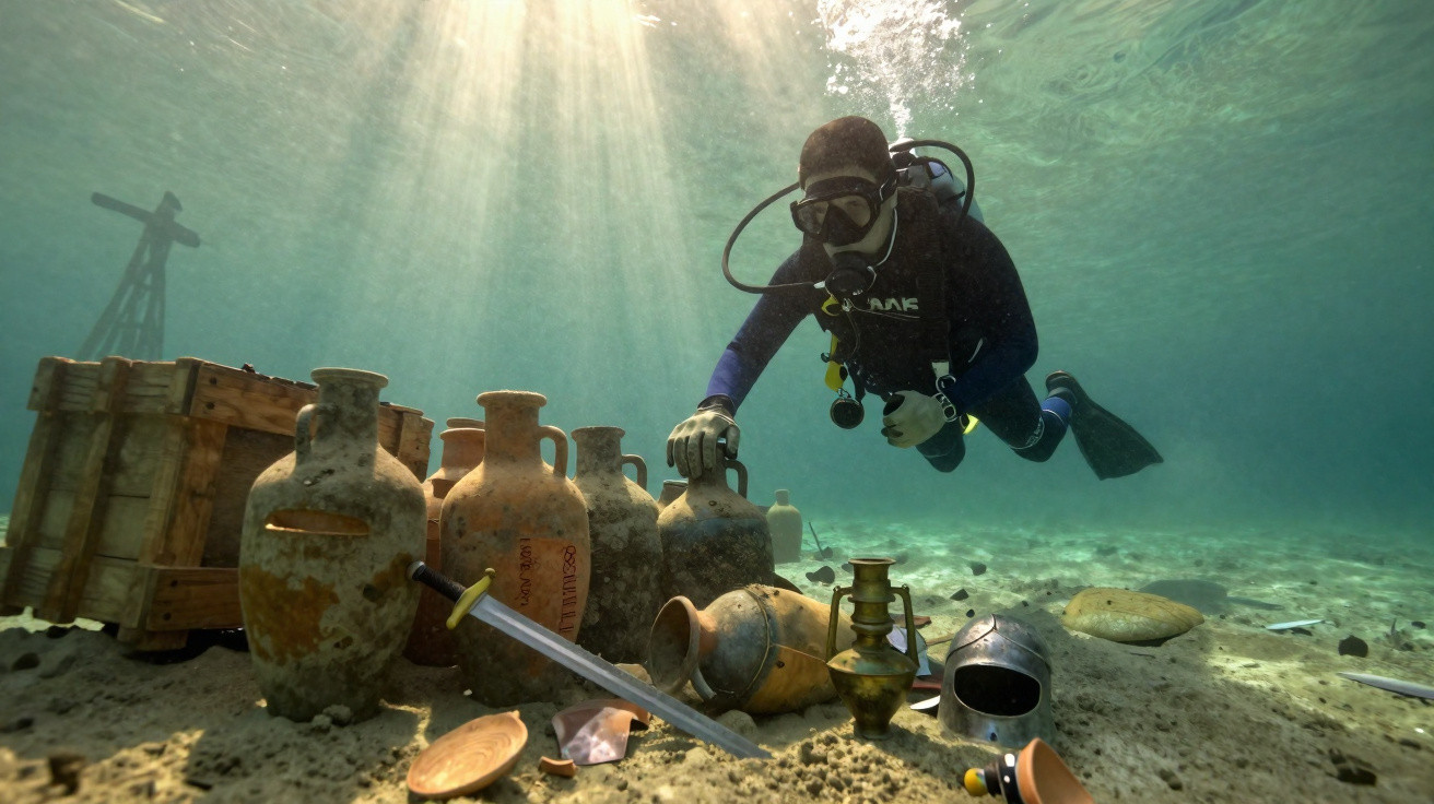 Plongeur explorant une épave sous-marine avec des jarres, une épée et un casque anciens sur le sable.