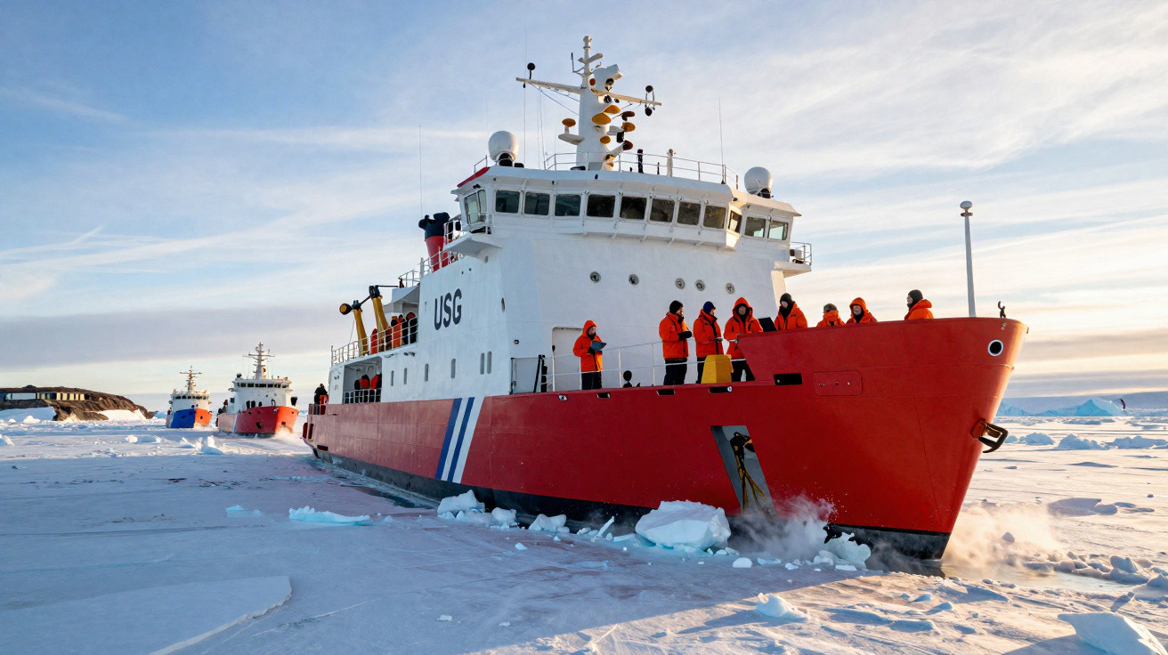 Brise-glace rouge naviguant dans la glace avec des membres d'équipage en manteaux orange sur le pont sous un ciel clair.