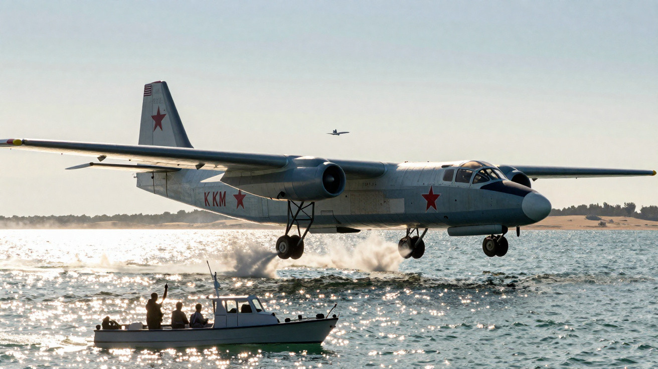 Avion militaire russe à train d’atterrissage flottant sur un plan d’eau près d’un bateau avec des personnes.