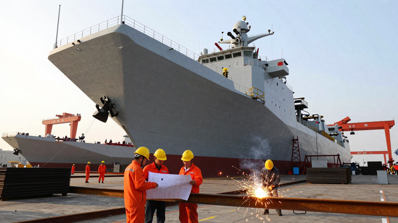 Chantier naval avec ouvriers en tenue orange et casque jaune travaillant devant un grand navire gris.