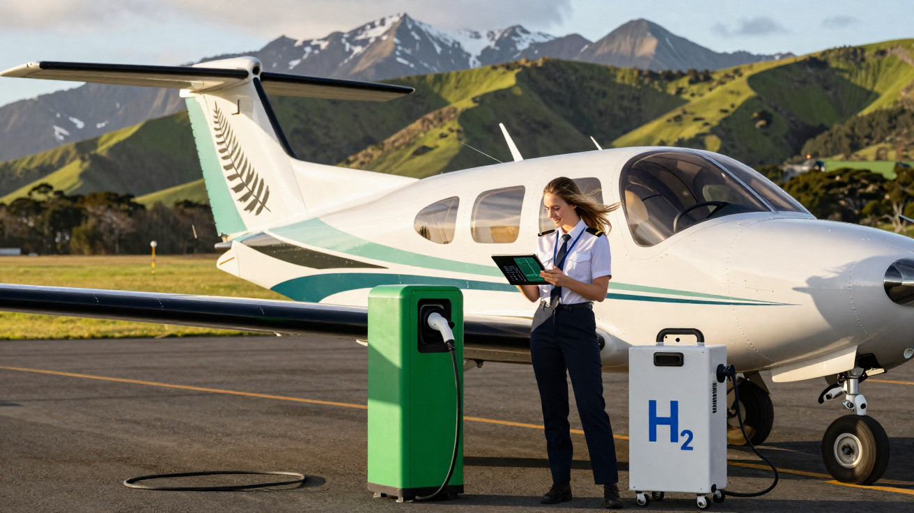 Une pilote au sol à côté d’un avion léger branché à une station de recharge à hydrogène avec montagnes en arrière-plan.