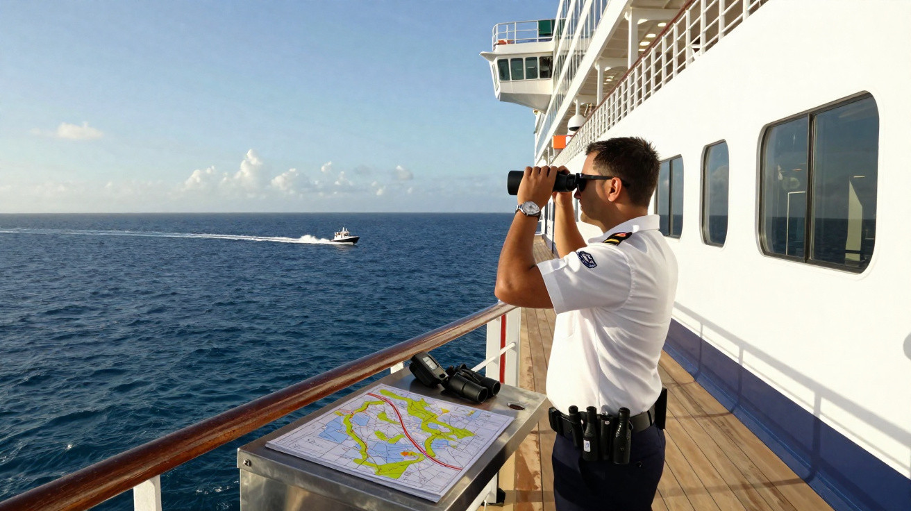 Officier en uniforme scrutant l'horizon avec des jumelles depuis le pont d'un navire en mer.