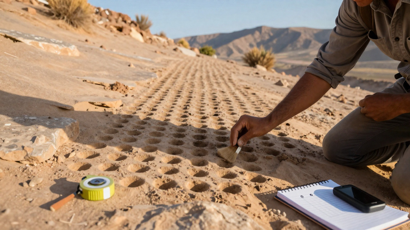 Un archéologue nettoie des trous carrés dans le sable avec un pinceau près d'un carnet et d'un mètre ruban.