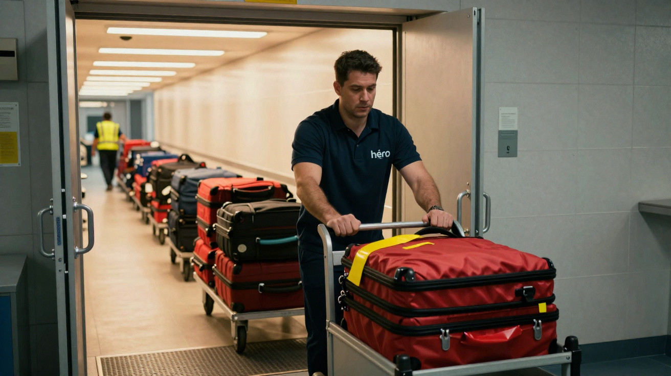 Homme en uniforme poussent un chariot avec des valises rouges alignées dans un couloir.