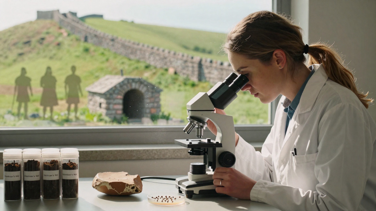 Femme scientifique observant des échantillons au microscope dans un laboratoire avec une vue sur la grande muraille.