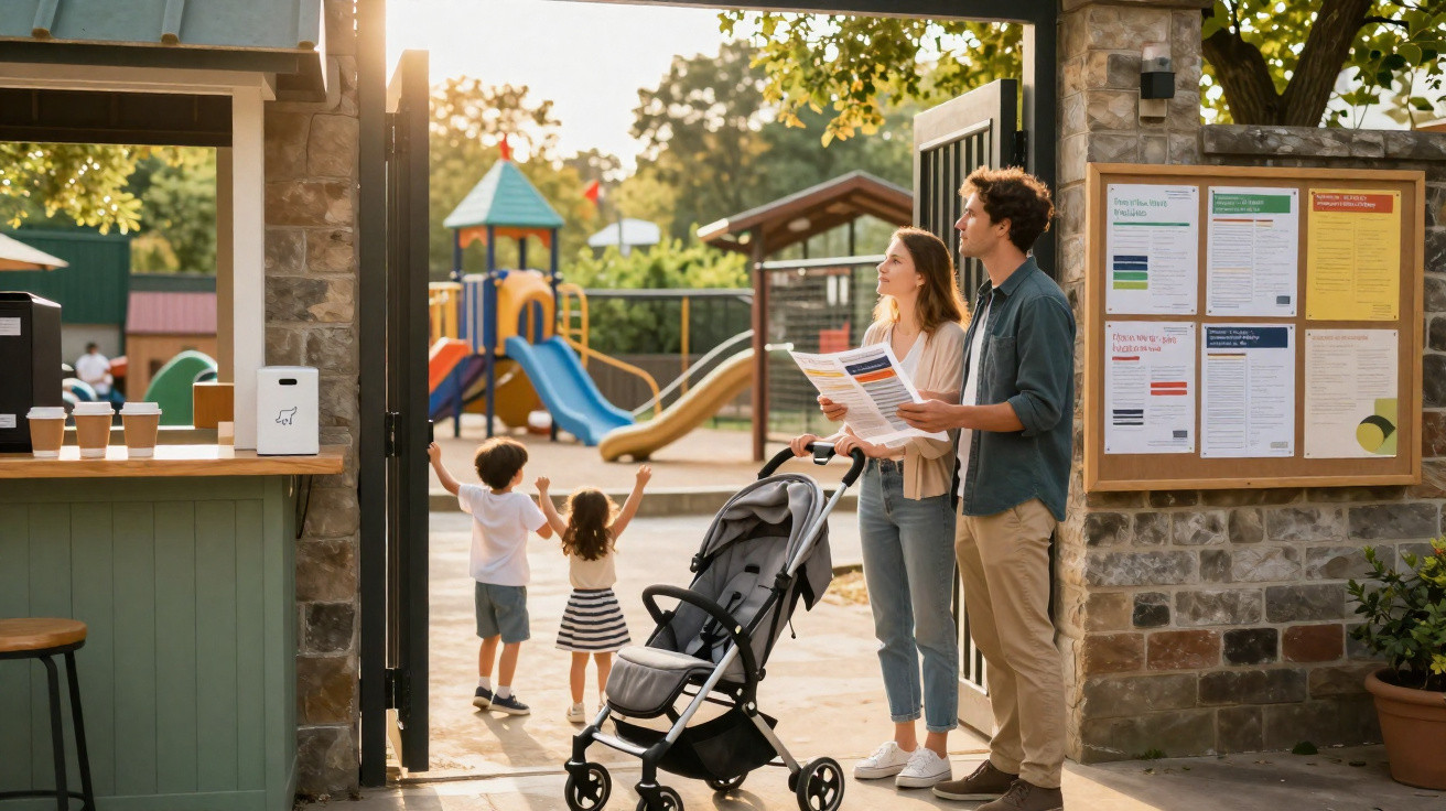 Famille avec poussette lisant un plan à l'entrée d'une aire de jeux où deux enfants jouent joyeusement.
