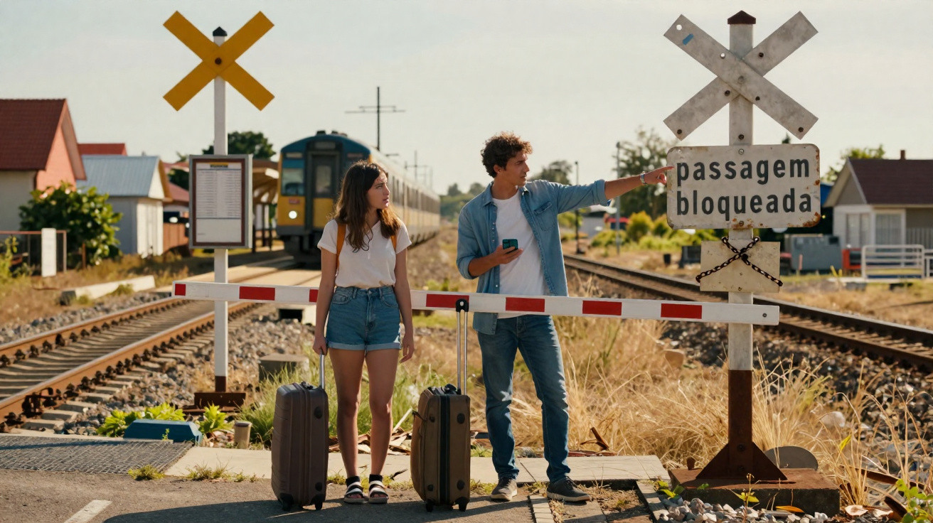 Deux voyageurs avec valises attendent au passage à niveau fermé, un train approche en arrière-plan.
