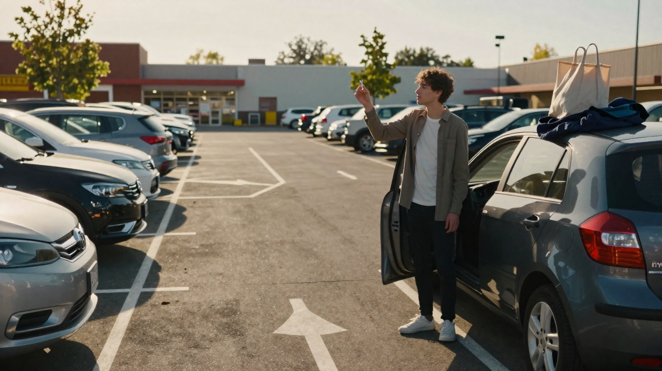 Jeune homme debout près de sa voiture dans un parking en plein jour, tenant une clé en main.