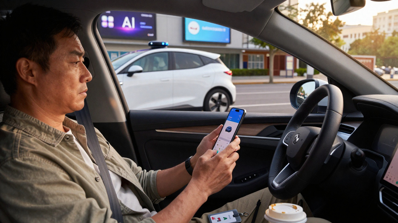 Homme assis dans une voiture autonome, utilisant un smartphone, avec une autre voiture blanche en arrière-plan.