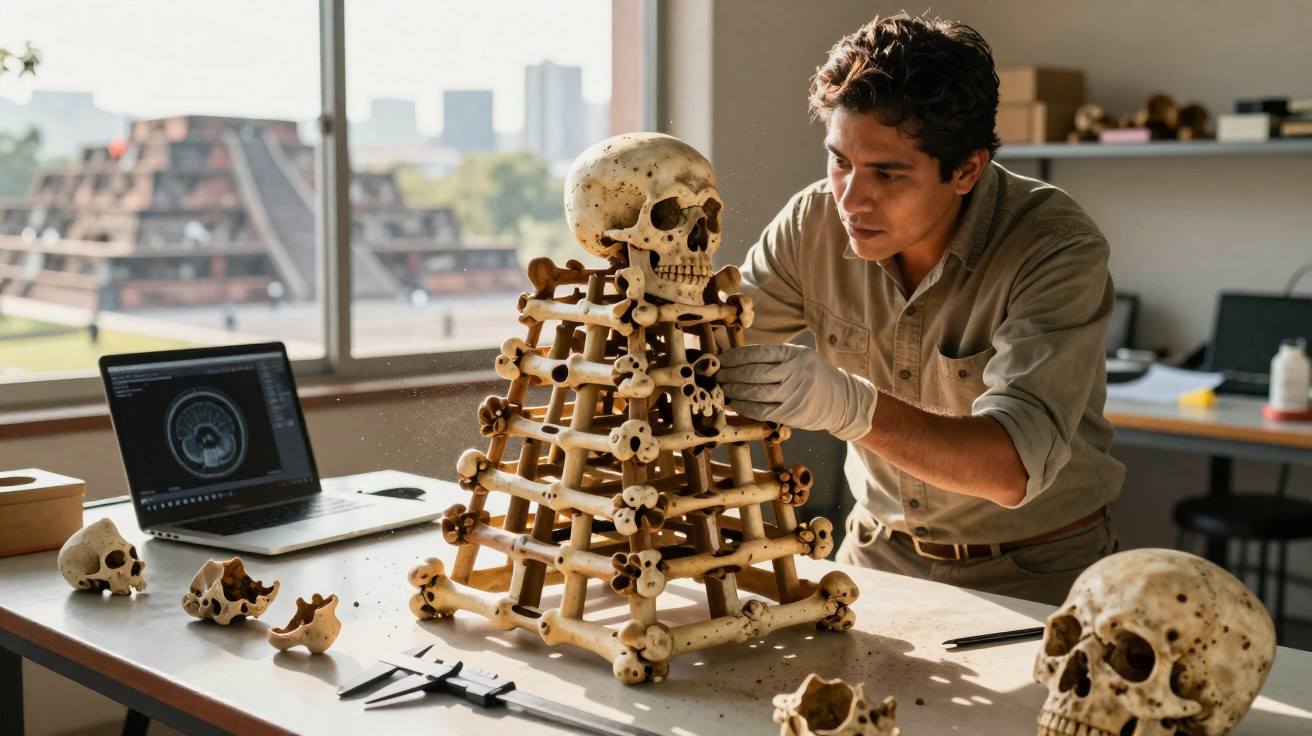 Un chercheur manipule une structure pyramidale en os de squelette dans un laboratoire lumineux.