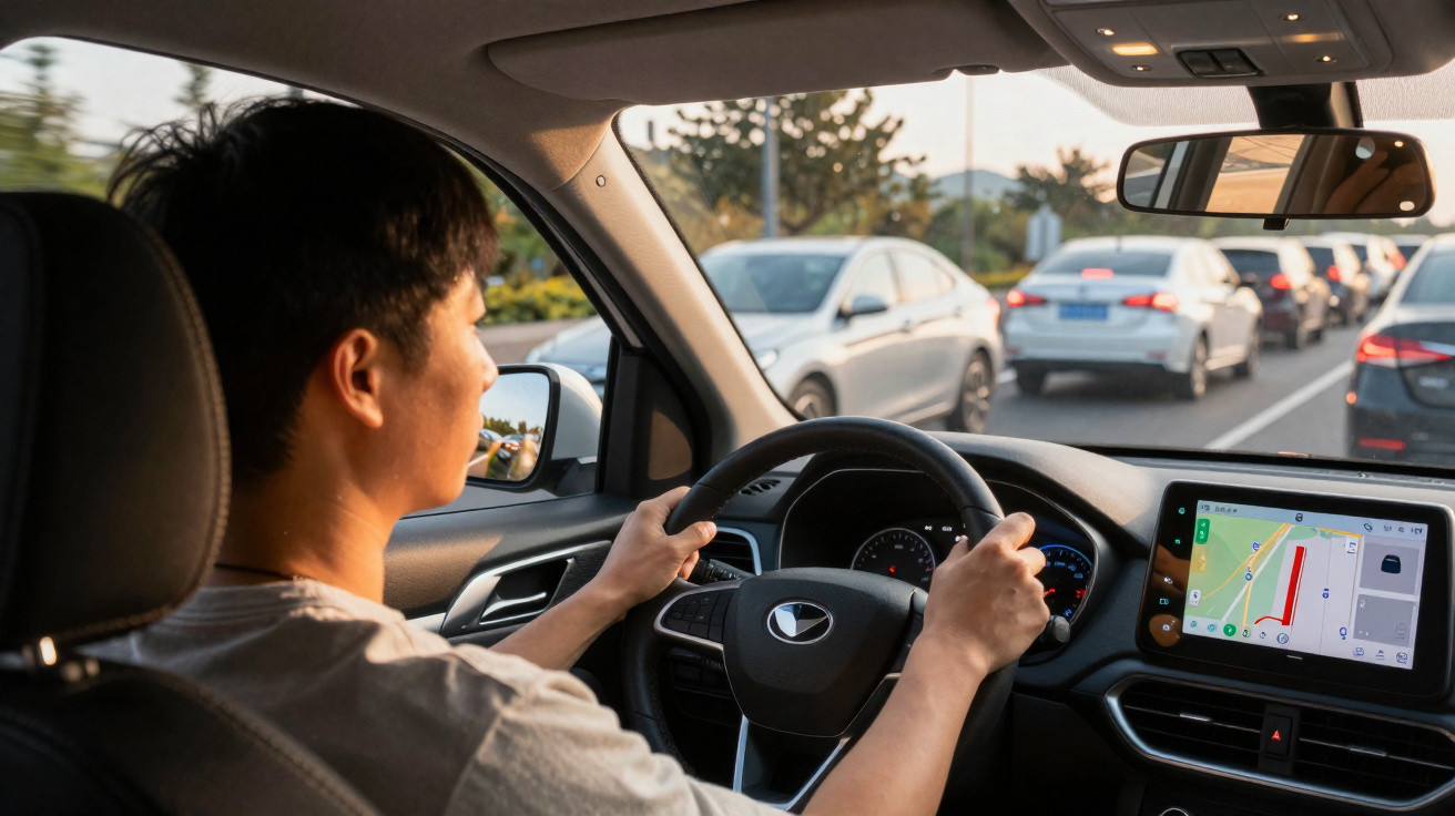Homme conduisant une voiture dans un embouteillage, avec GPS affiché sur l'écran tactile du tableau de bord.