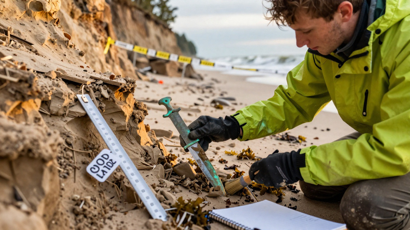 Un archéologue en veste verte dégrossit une épée enfouie dans le sable au bord de la mer.