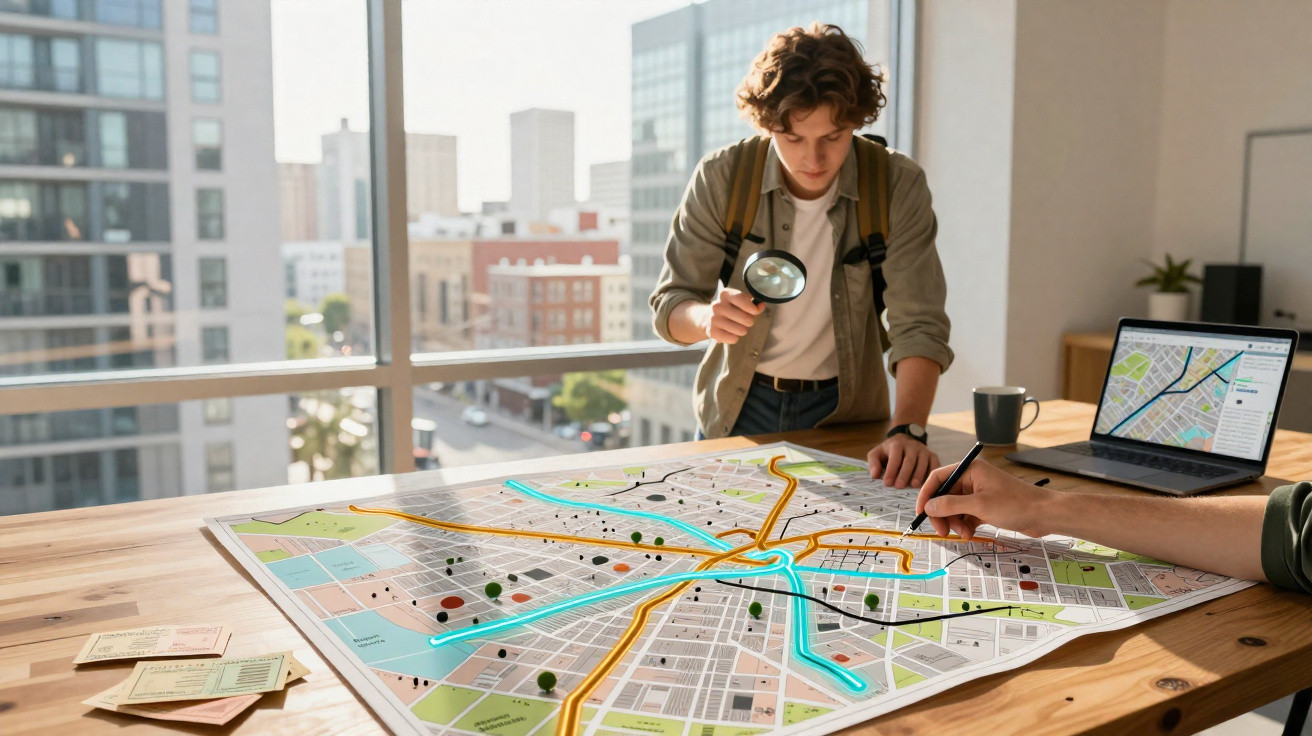 Personne analysant une grande carte urbaine sur une table avec une loupe et un ordinateur portable proche.
