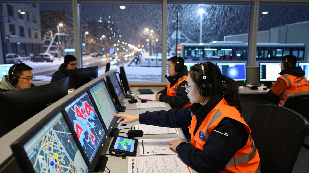 Opérateurs en gilets orange surveillant des écrans de contrôle dans une salle avec vue sur une rue enneigée la nuit.