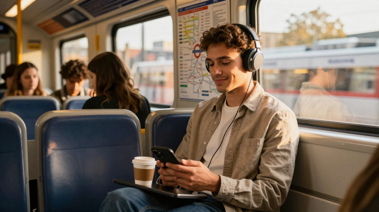 Jeune homme écouteurs sur les oreilles utilisant un smartphone dans un train avec d’autres passagers.