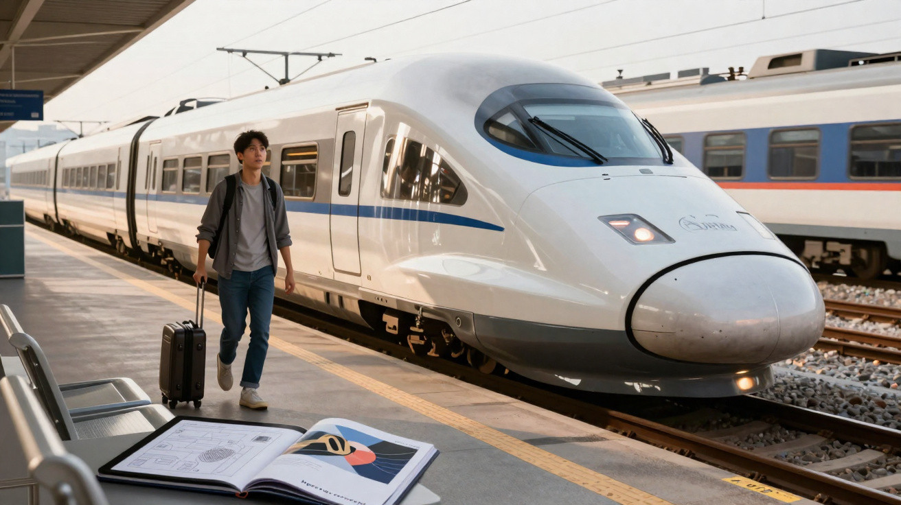 Jeune homme avec une valise marchant sur un quai à côté d'un train à grande vitesse blanc.