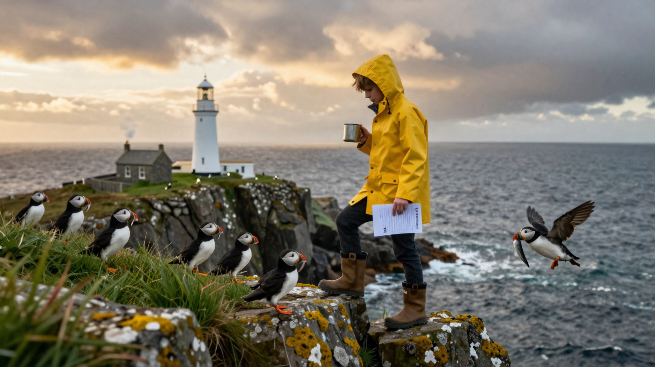 Un enfant en ciré jaune observe des macareux sur une falaise proche d'un phare au bord de la mer.