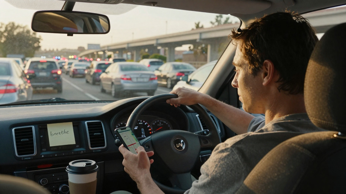 Homme conduisant une voiture en ville, occupant une main sur le volant et l'autre tenant un smartphone avec café à portée.