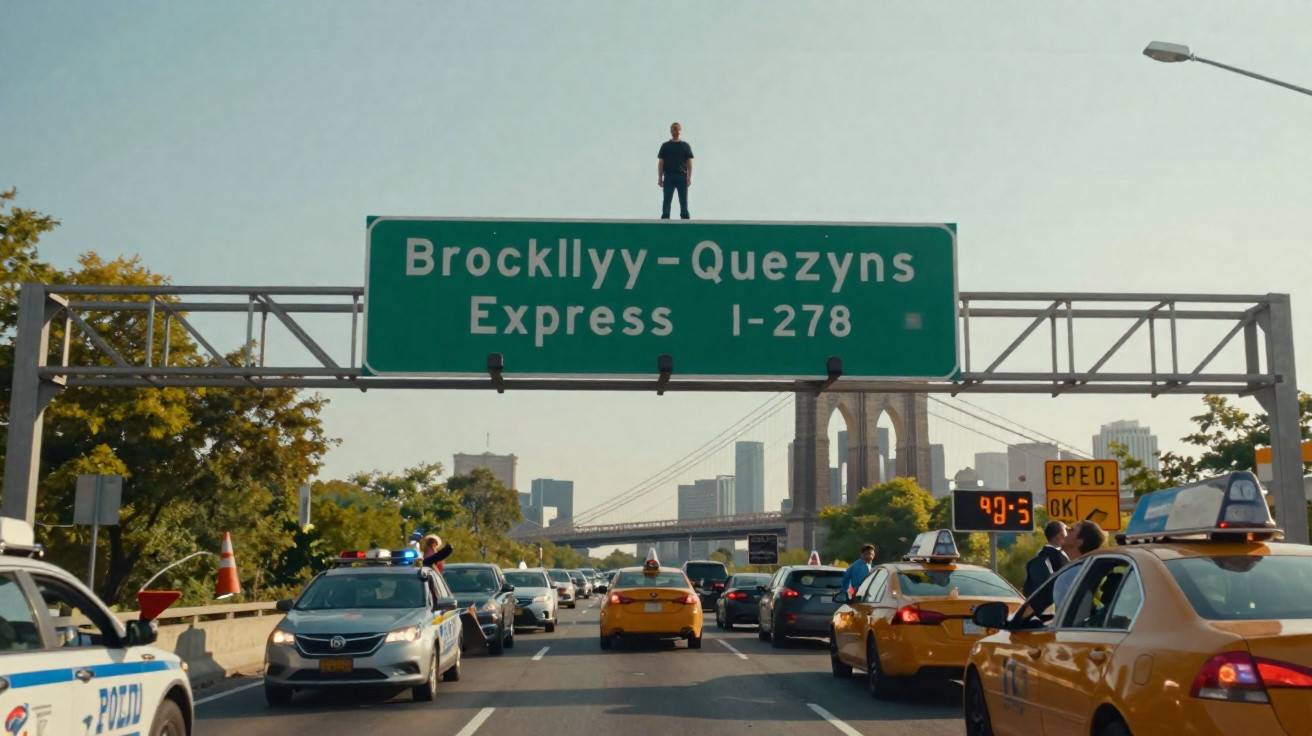 Un homme se tient sur un panneau d'autoroute au-dessus d'une route embouteillée à New York, avec un pont en arrière-plan.