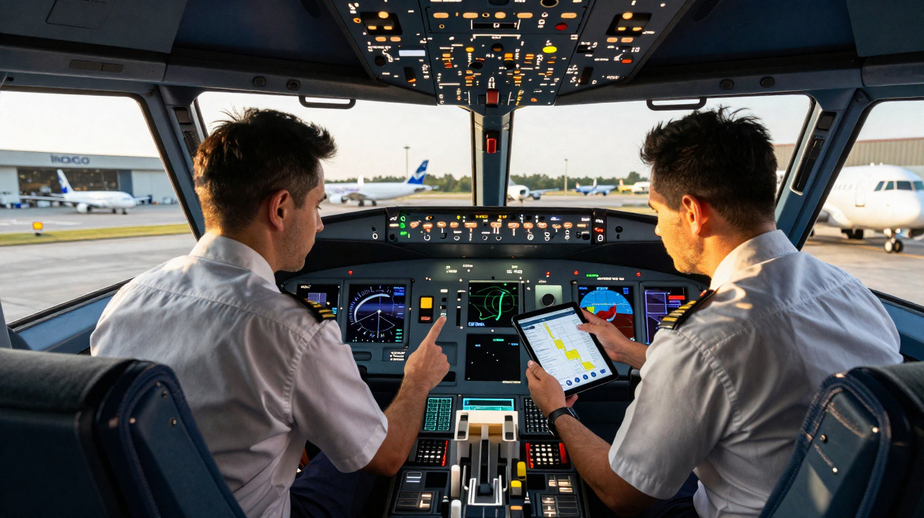 Deux pilotes en uniforme dans le cockpit d'un avion observant les instruments et une tablette.