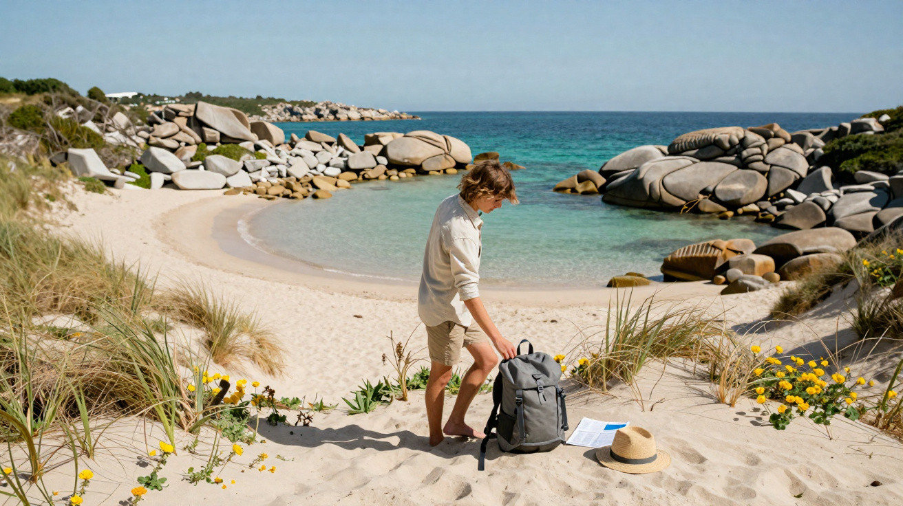 Jeune homme debout sur une plage de sable fin avec un sac à dos, entouré de rochers et d’eau turquoise.